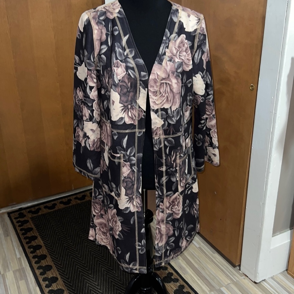 Solitaire faux suede open front floral jacket!